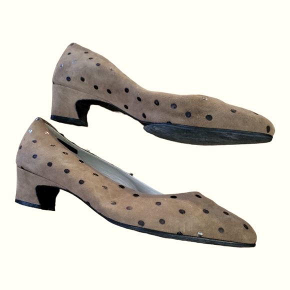 Vintage 80's Franco Visconti Vera Pelle Brown Suede Polka Dot Pumps Size 37 1/2 - Picture 10 of 10